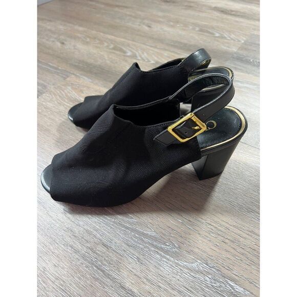 Chaps Womens Black Heeled Sandals Size 8.5B Canvas & Leather Upper Peep Toe Bloc - Picture 2 of 6